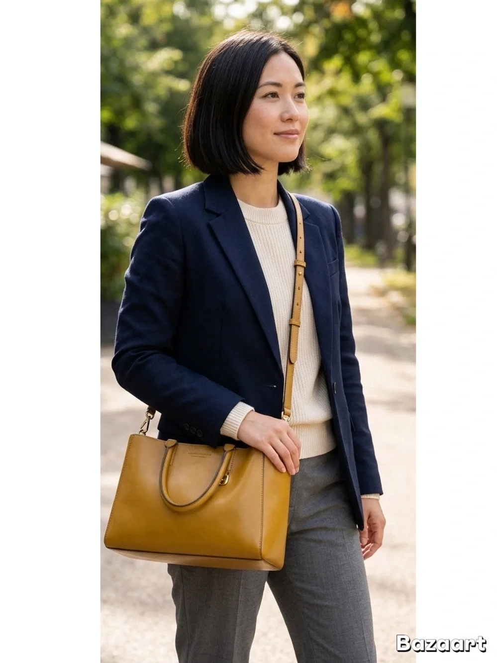 Yellow Structured Leather Tote Bag with Removable Strap
